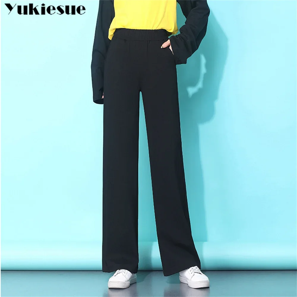 

Летние эластичные женские широкие капри с высокой талией в стиле Харадзюку, прямые брюки для женщин, мешковатые черные брюки, женские брюки