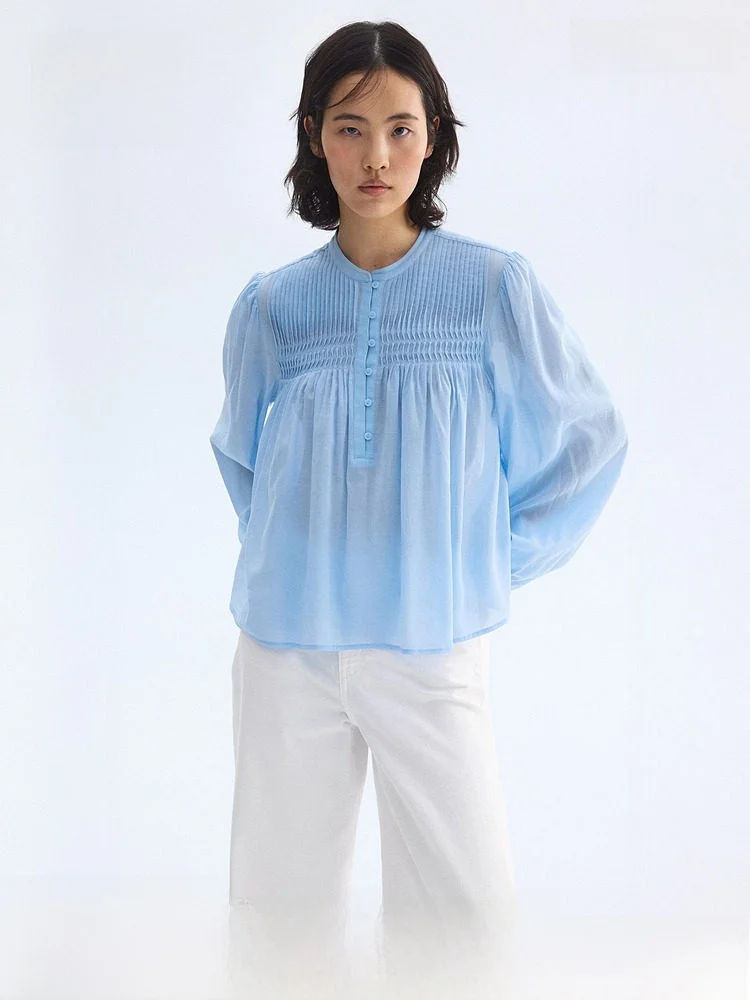 

Spring New Women's irt Fine Pleats Casual Loose Fit Long Sve Button up round Ne Cotton Viscose Blend H&M 320562