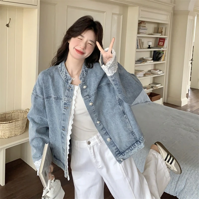 

Women's Lace Trimmed Denim Jacket Spring Autumn 2025 Trendy Casual Korean Style Fashion Biker Jacket with Embroidered Details