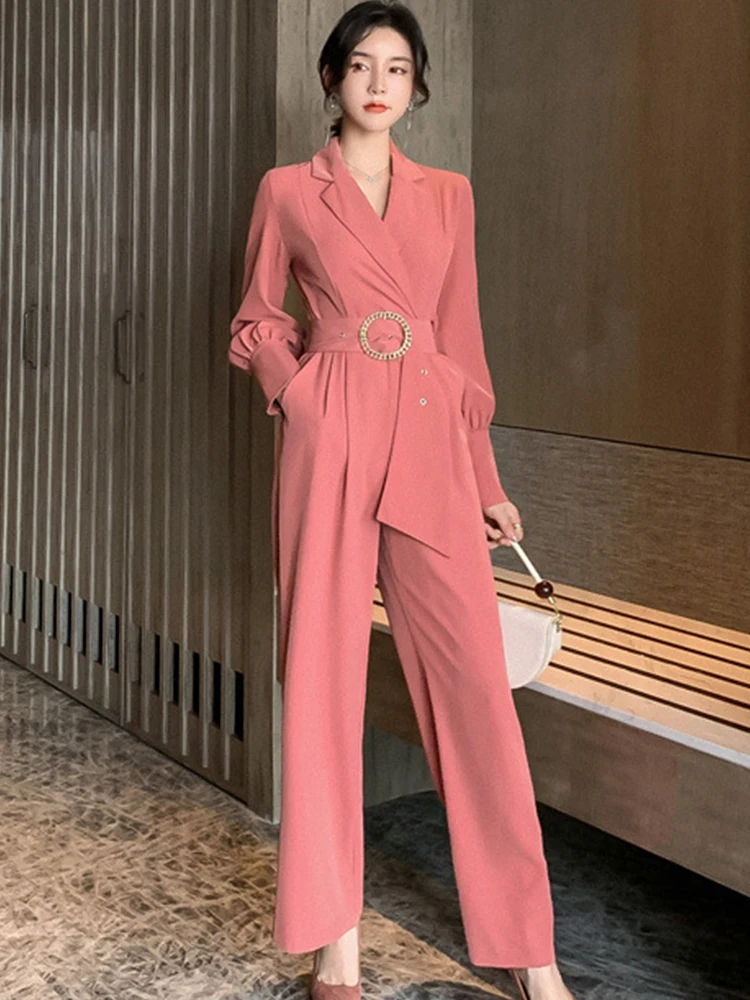 New Summer Elegant Professional Jumpsuit Women Solid Notched Collar Long Sleeve Adjustable Waist Maxi Pants Work Office Rompers