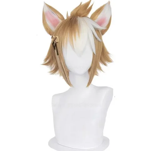 Gorou Cosplay Wig Game Genshin Impact Gorou Short Brown White Wig with Ears Synthetic Hair Heat Resistant Halloween Role Play