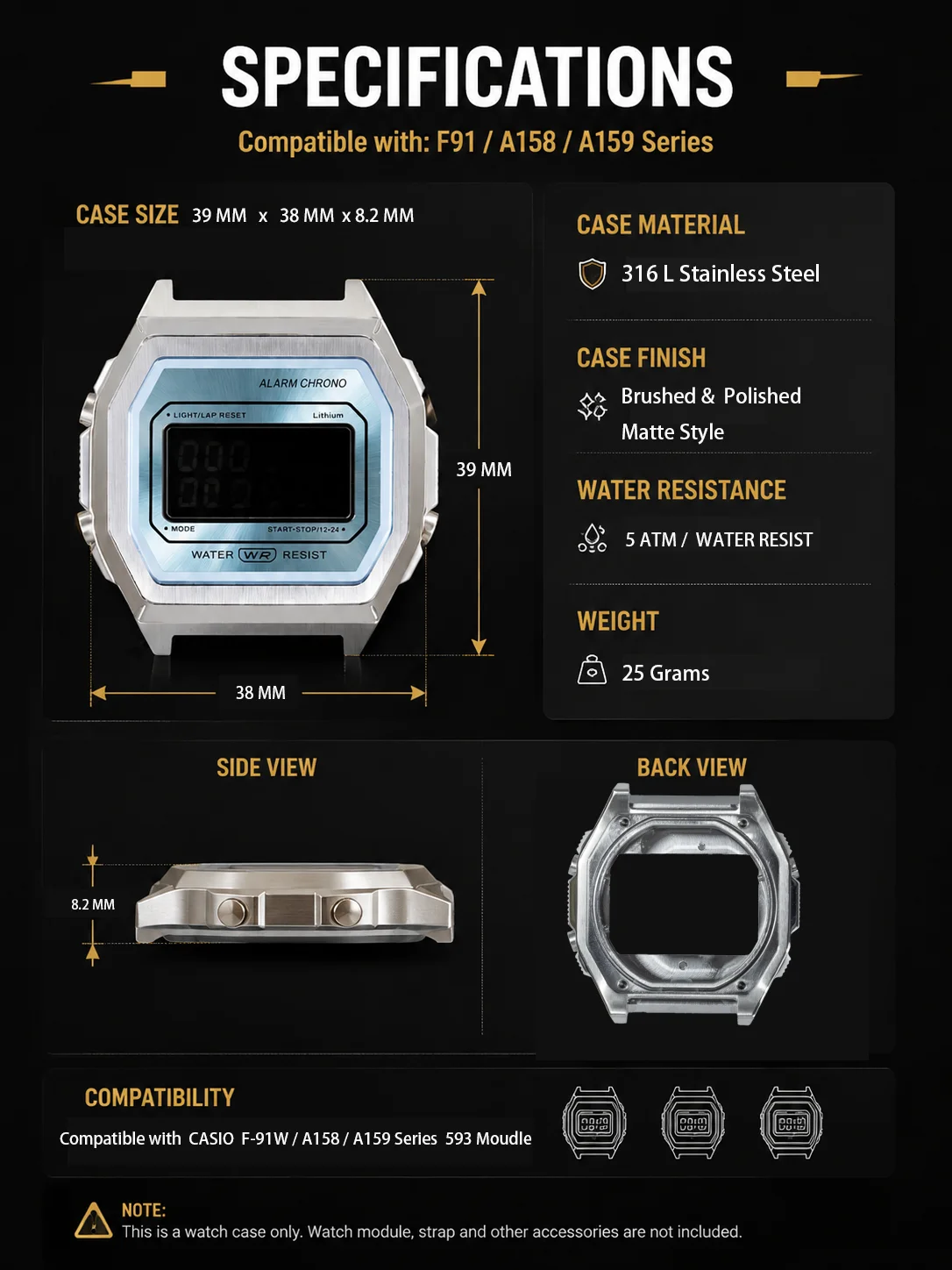 Royale Ultra Mod für CASIO F-91/A158/A159 Uhrengehäuse 316L Edelstahl K1 Mineral Poliert Gebürstetes Mattes Gehäuse Sunray Zifferblatt-Set – Detail 3