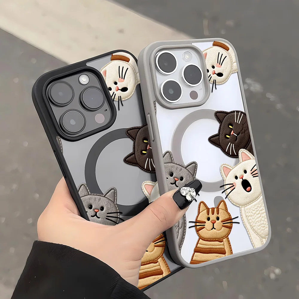 Cute Faux Embroidery Cat Phone Case For iPhone 15 16 12 14 11 17 13 Pro Max Air With Lanyard Wireless Charging Protective Cover view 3