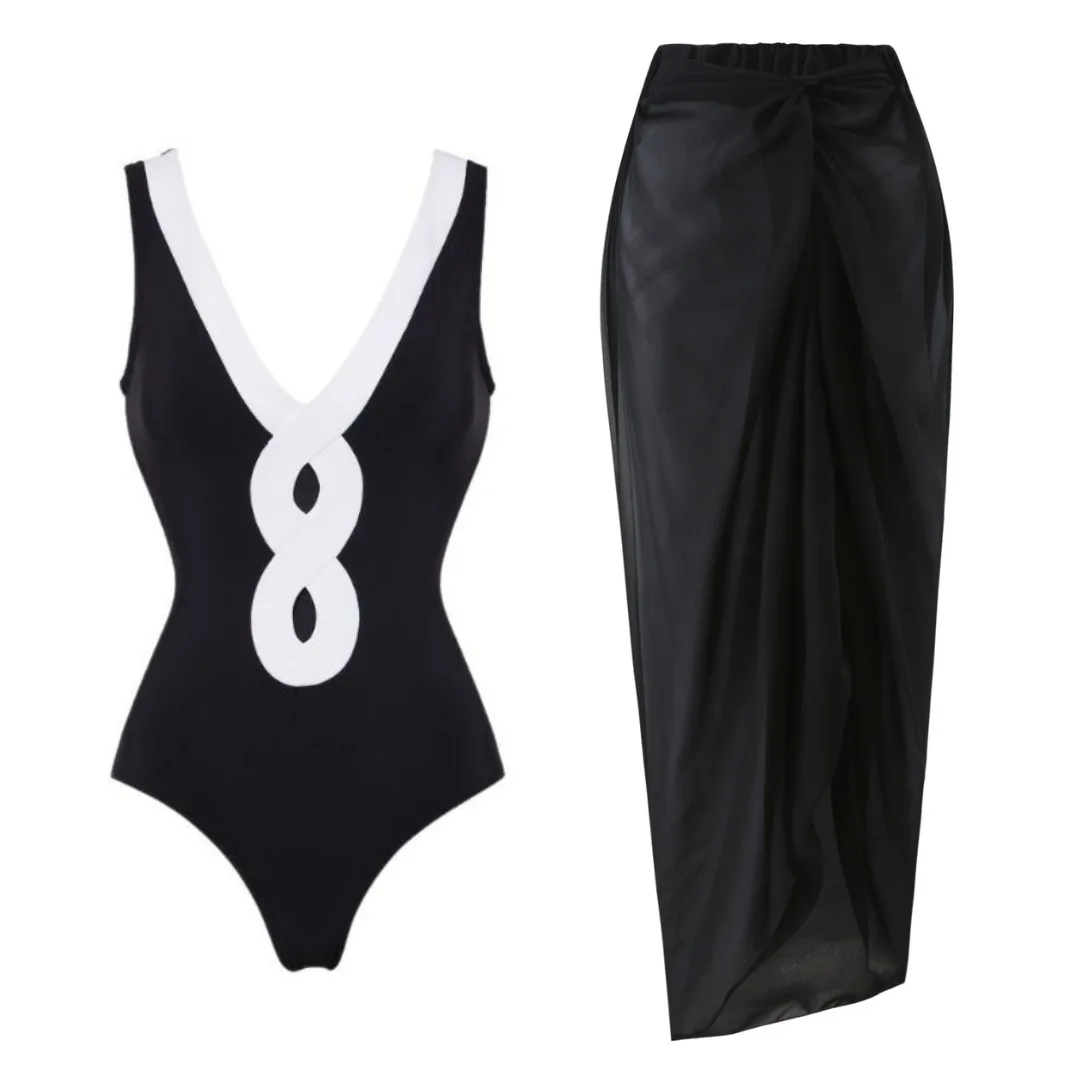 Women's Swimsuit Black And White Minimalist Hollow Women'S Skirt Set One-Piece Swimsuit