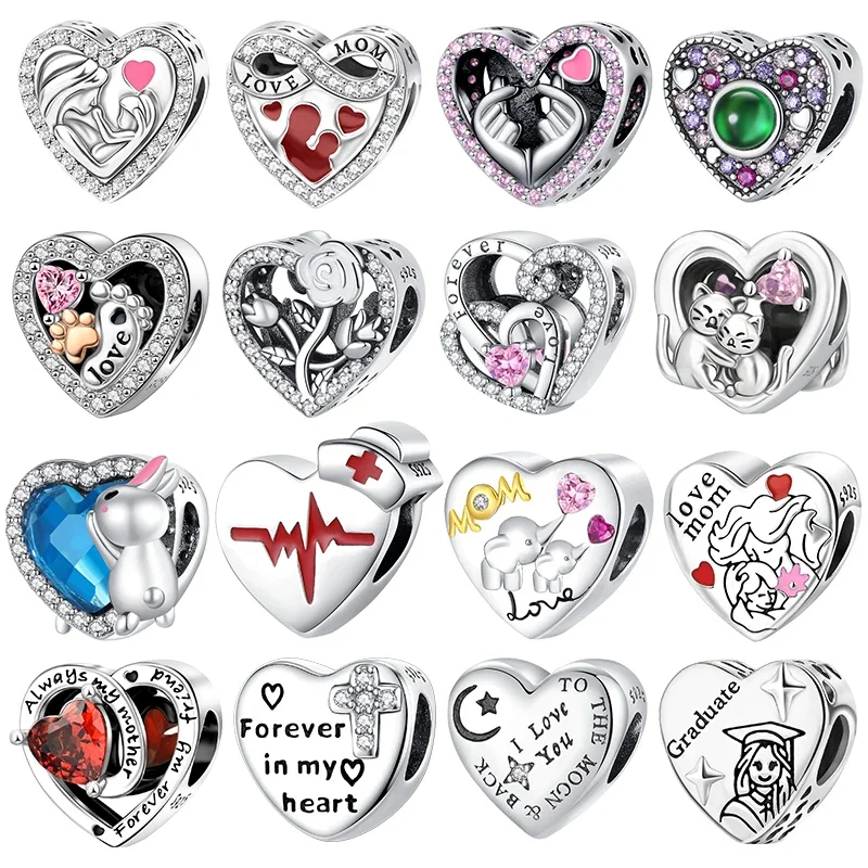 

925 Sterling Silver Forever Love Mother Heart-shaped Dangle Charms Fit Original Pandora Bracelet Beads DIY for Jewelry Making