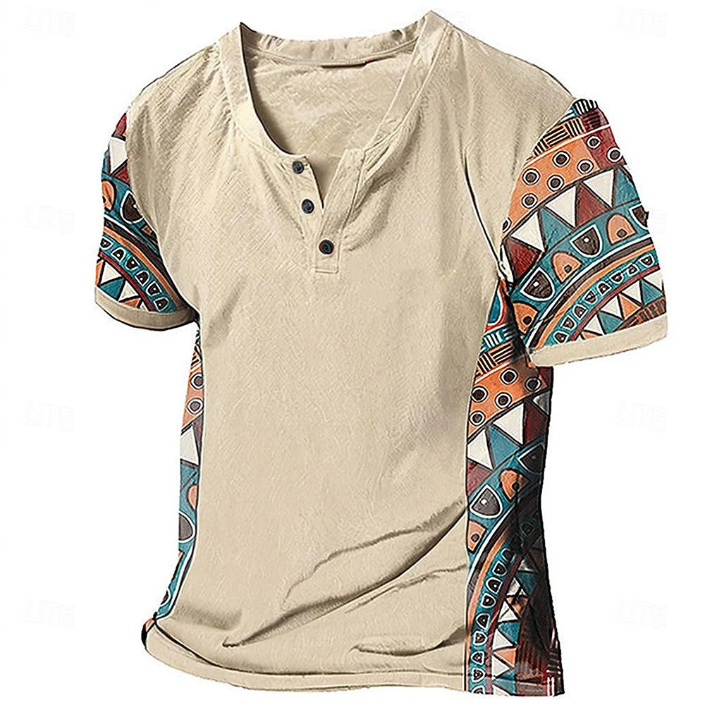 Ethnic Style Tribal 3D Printed Henley Shirts Men\'s Fashion Vintage Streetwear Button Short Sleeve T Shirt Tees Tops Man Clothing