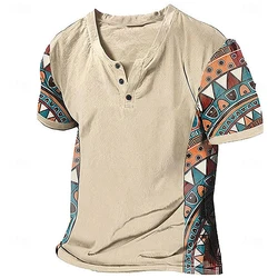 Ethnic Style Tribal 3D Printed Henley Shirts Men's Fashion Vintage Streetwear Button Short Sleeve T Shirt Tees Tops Man Clothing