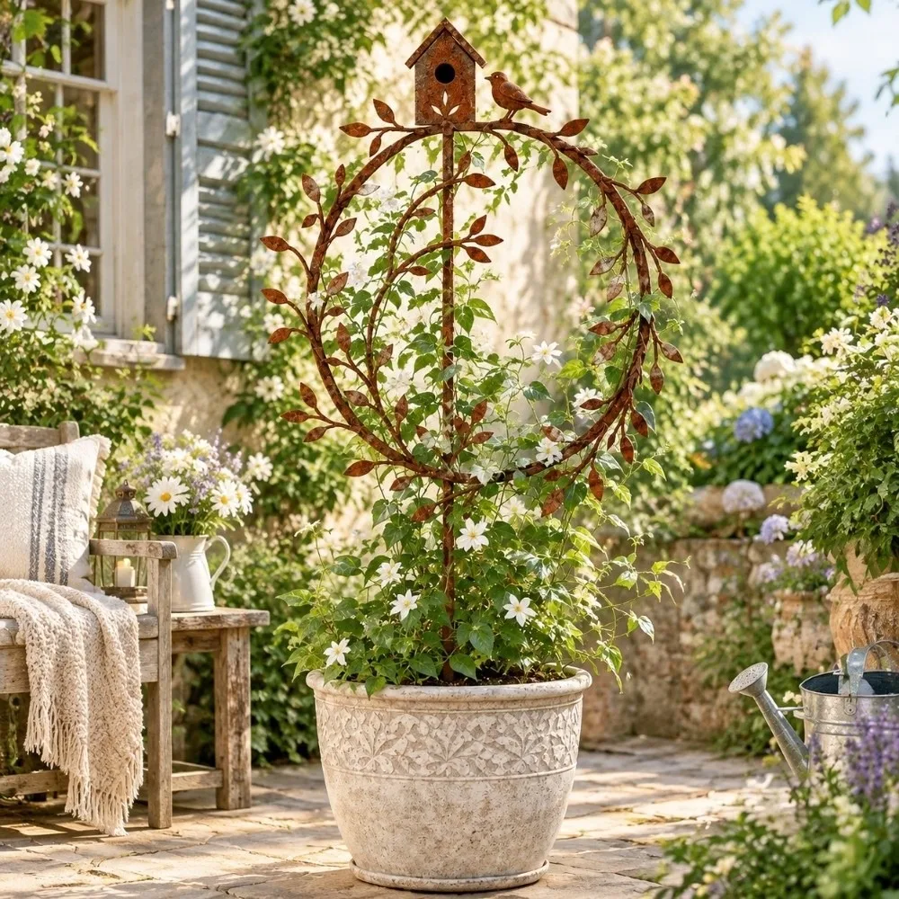 Iron Wreath Plant Stand Bird Hollow Out Butterfly Plant Fixed Frame Vintage Rustic Style Plant Climbing Trellis Patio