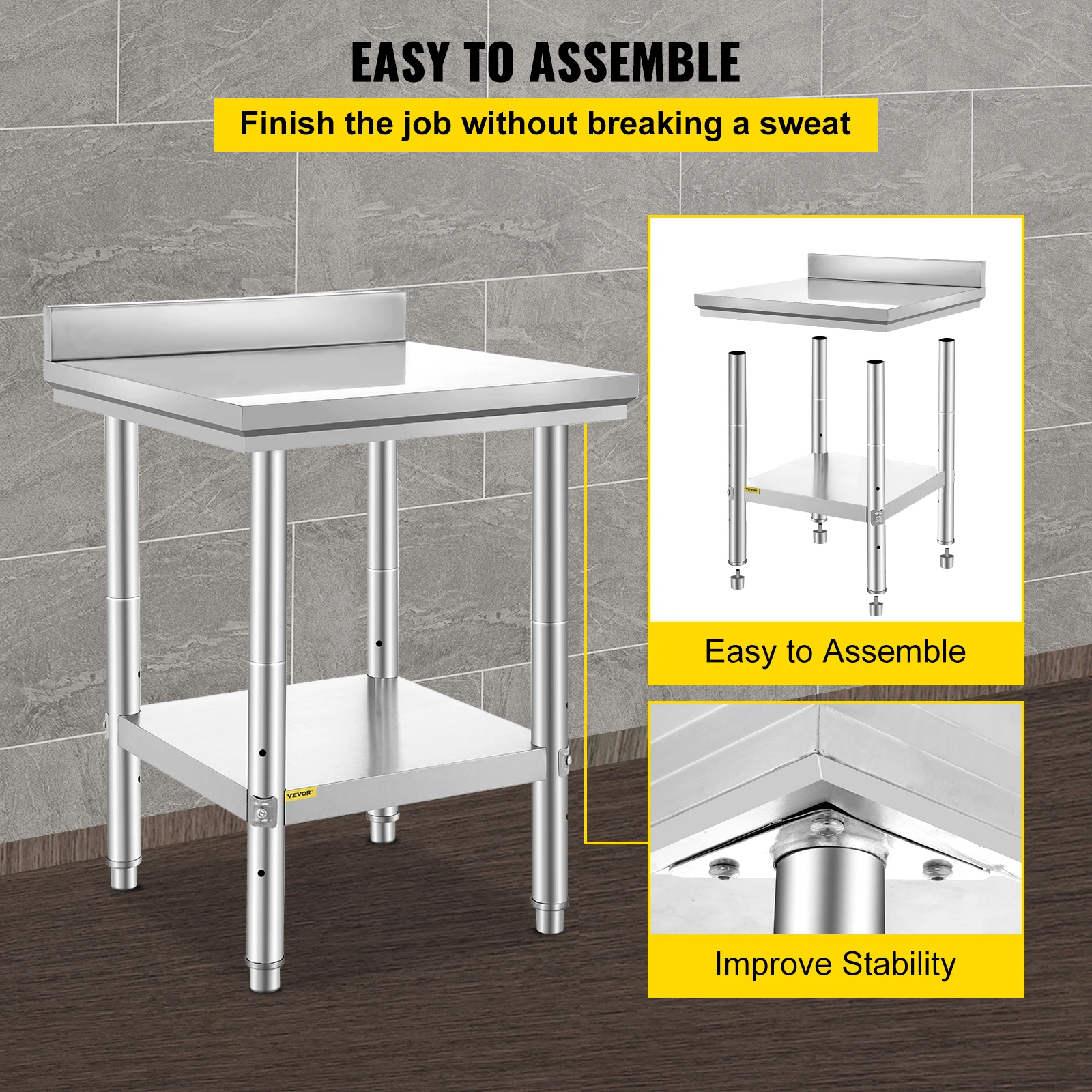 VEVOR Kitchen Work Bench Commercial Catering Table Worktable with Undershelf Stainless Steel 330LBS 286LBS for Restaurant Garage