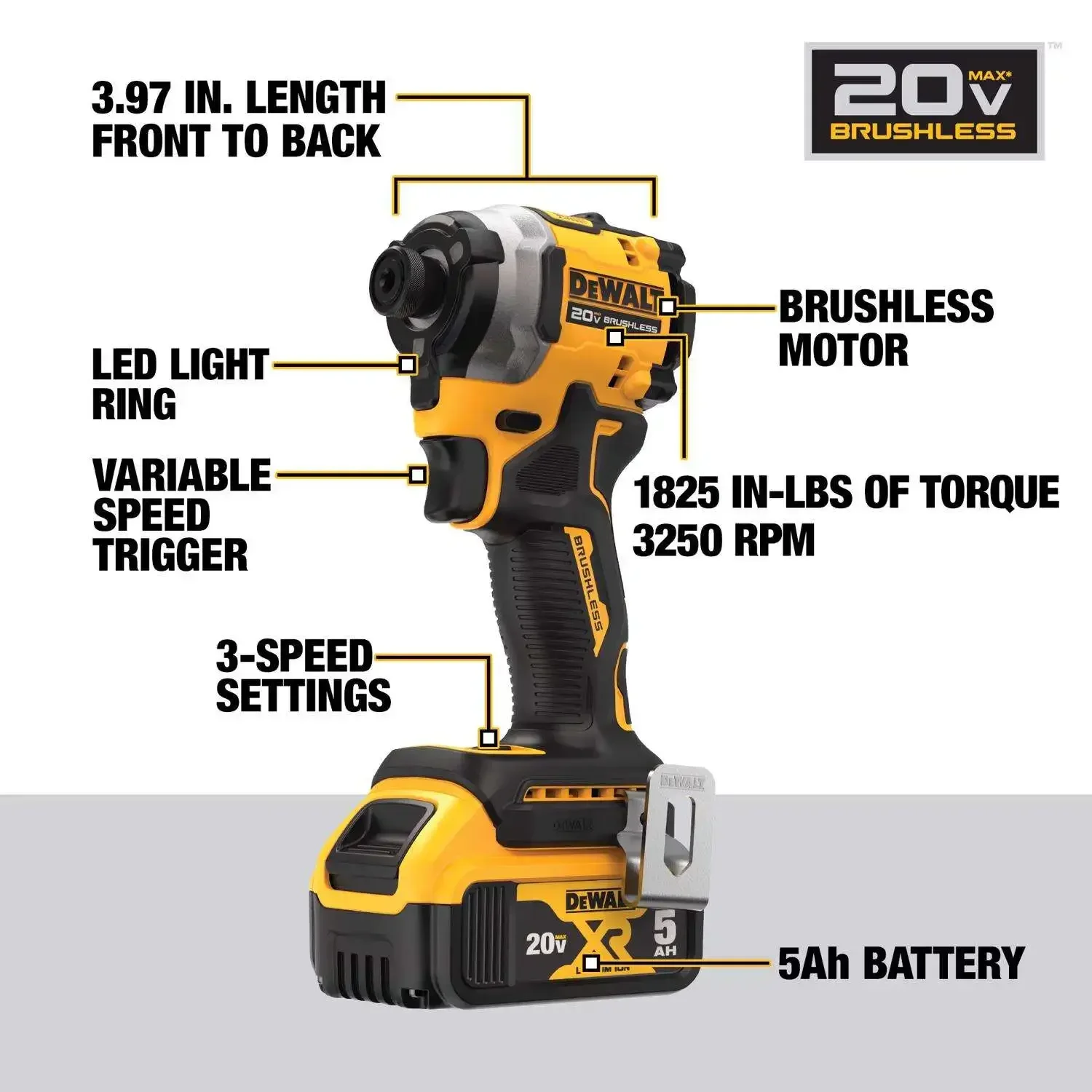 DEWALT DCF850 Kit 1/4in Brushless Cordless 3-Speed Impact Driver 20V Lithium Tool 3250RPM 3800IPM 205NM With Battery Charger