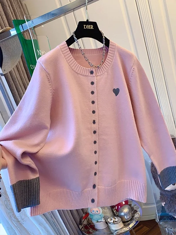 

Extra Large 300 Pounds Knitted Cardigan Women's Loose Autumn Winter INS Lazy Style Splicing Sweater Coat Heart Design