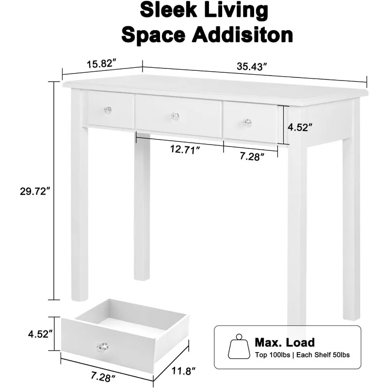 Home Office Small Writing Desk with Drawers Bedroom, dressing table, Vanity Makeup Dressing Table Save Space White