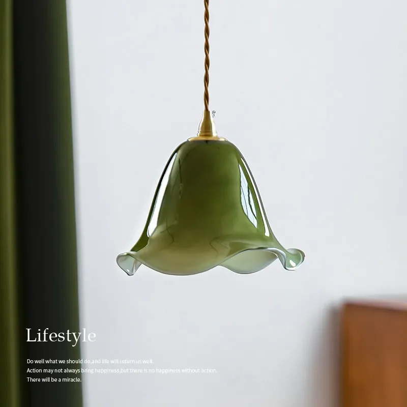 Vintage Green Glass Chandelier Retro Hanging Light Fixture Small Atmosphere Lamp for Bedroom Bedside Restaurant Home Decor
