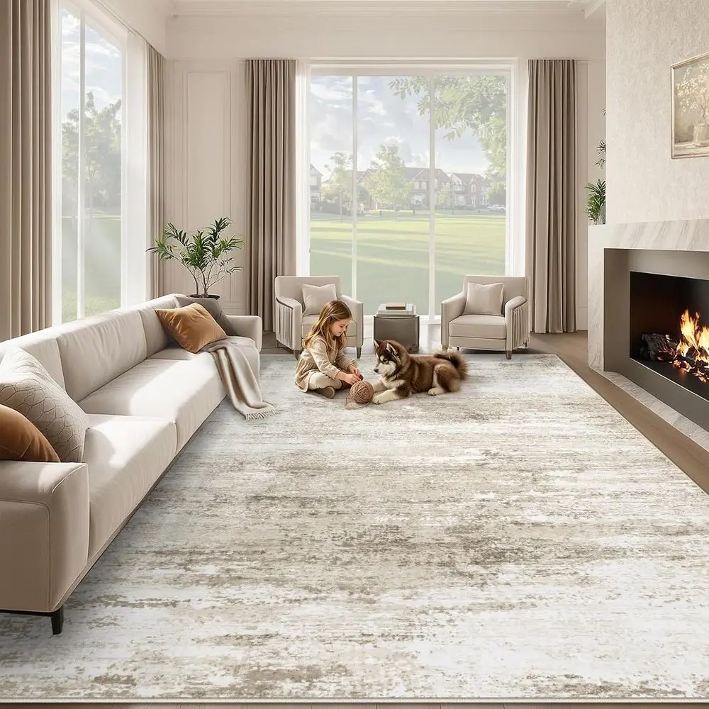 8x10 Neutral Area Rug - Abstract Design, Non-Slip, Low Pile for Living Room, Bedroom, Kitchen, and Dining Room (Beige)