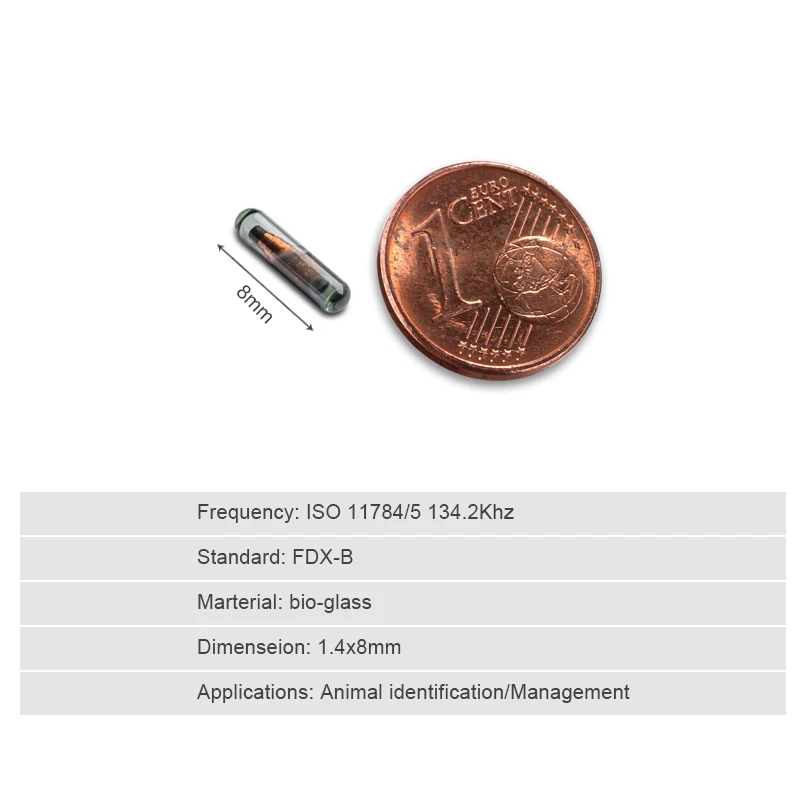 20PCS 134.2khz glass chip FDX-B EM4305 RFID pet ID tracking microchip animal 1.25*7mm 1.4 for dog cat identification programming