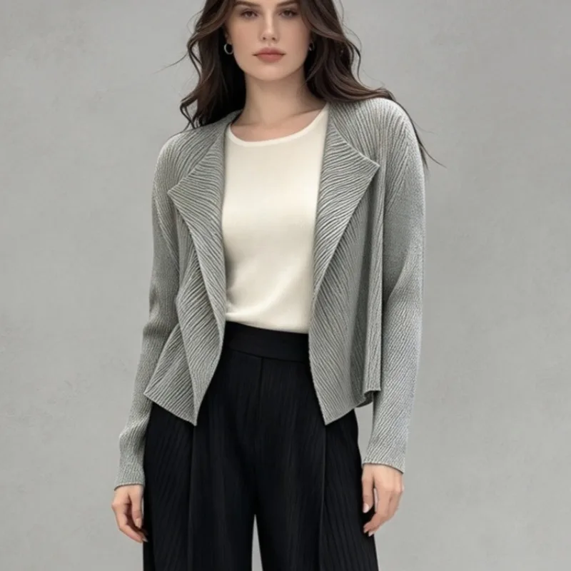 Solid Color Pleated Cardigan Plisse Women 2026 Autumn New Long Sleeve Casual Fold Jacket Versatile Fashion Top Women Clothing