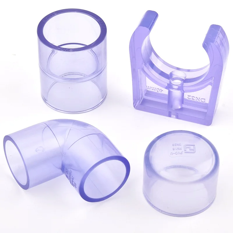 20~63mm Blue Transparent UPVC Pipe Elbow/Straight/Cap/Tee/Cross/Valve Connector Aquarium Fish Tank Drainage Pipe Quick Fittings