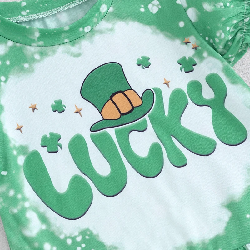 St Patrick s Day Toddler Girl Outfit Green Shamrock Print Ruffle Sleeve Top and Leggings Set Adorable Clothing