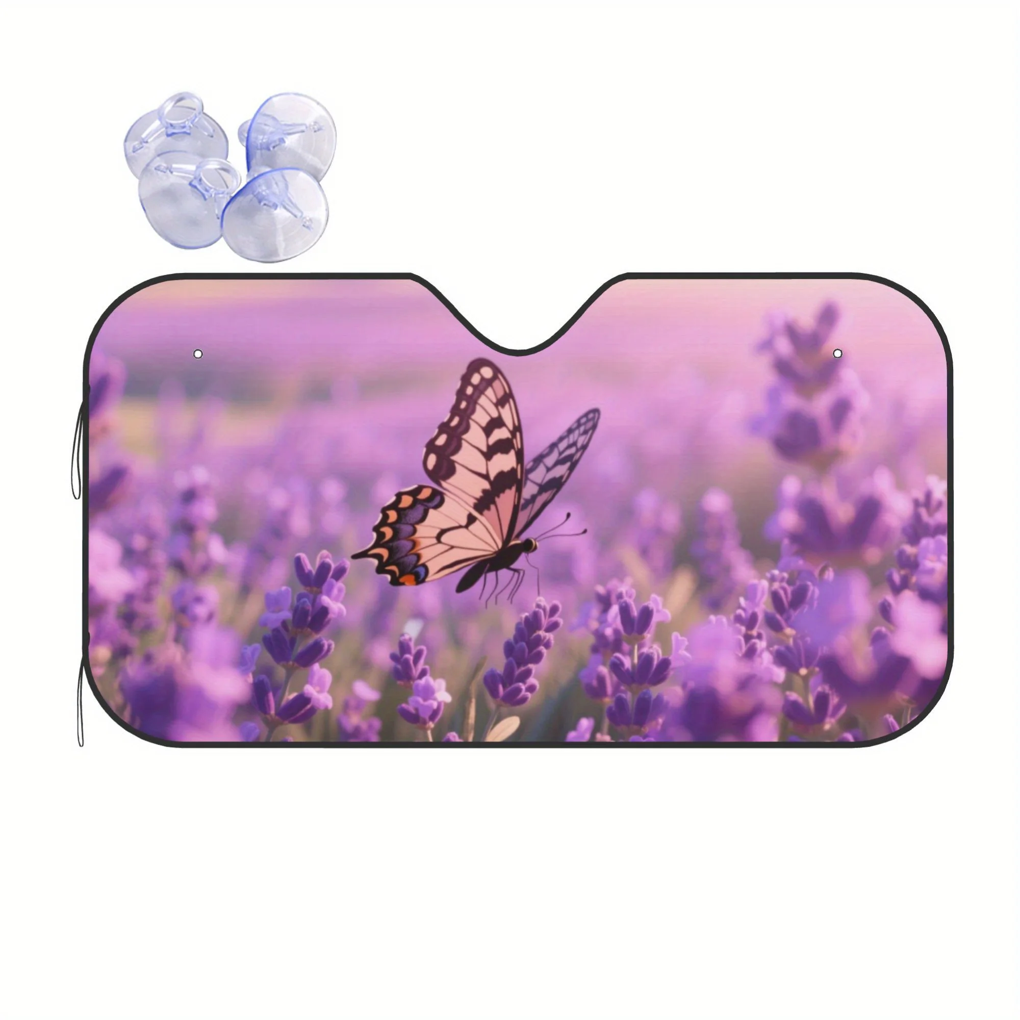 1pc Butterfly Lavender Field Sunset Car Sunshade - Heat-Insulating UV Protection Windshield Cover With Scenic Landscape Design,