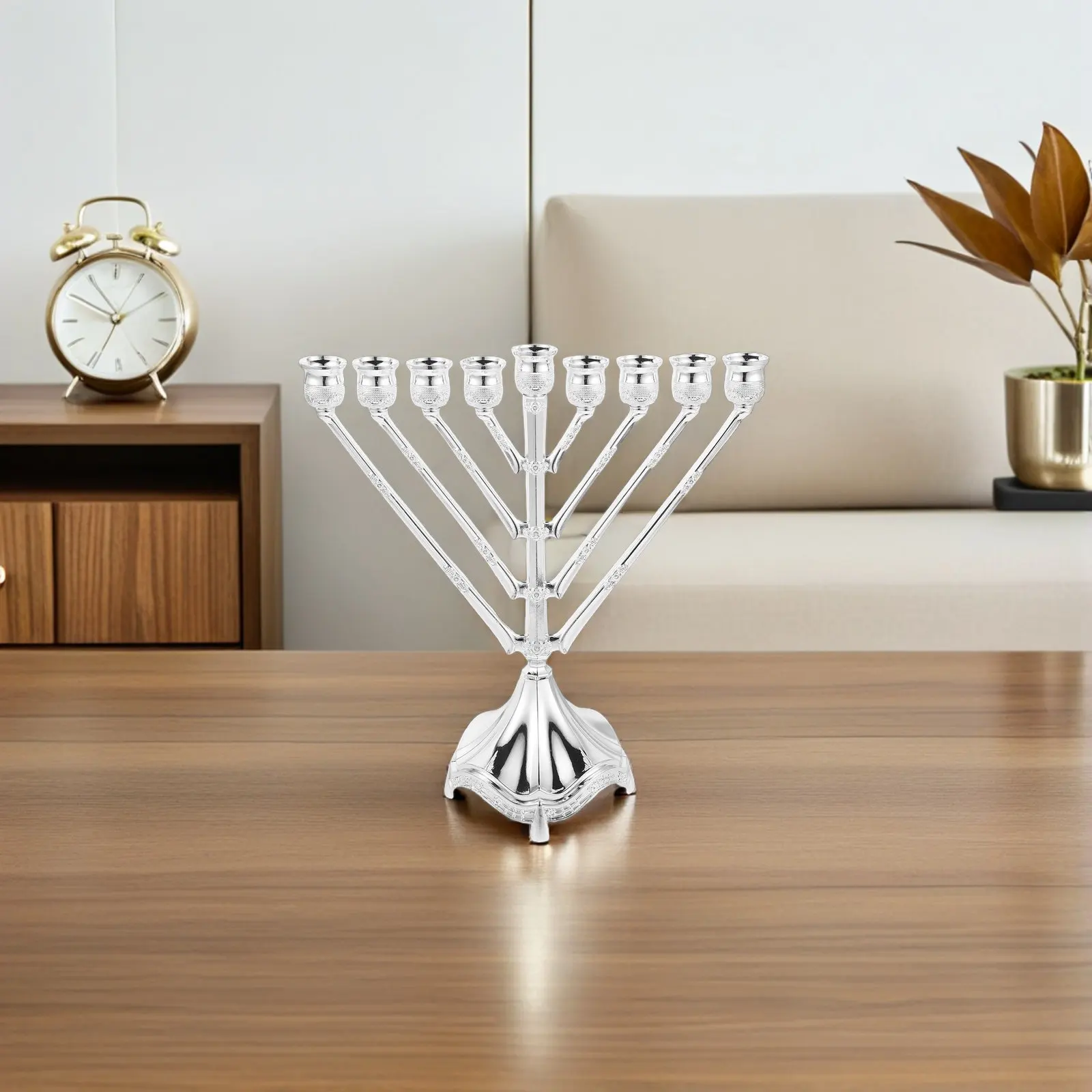 Elegant Vintage Style Metal Menorah for Chanukah Holiday Fireplace Mantle Display Festive Judaica Centerpiece Silver Plated