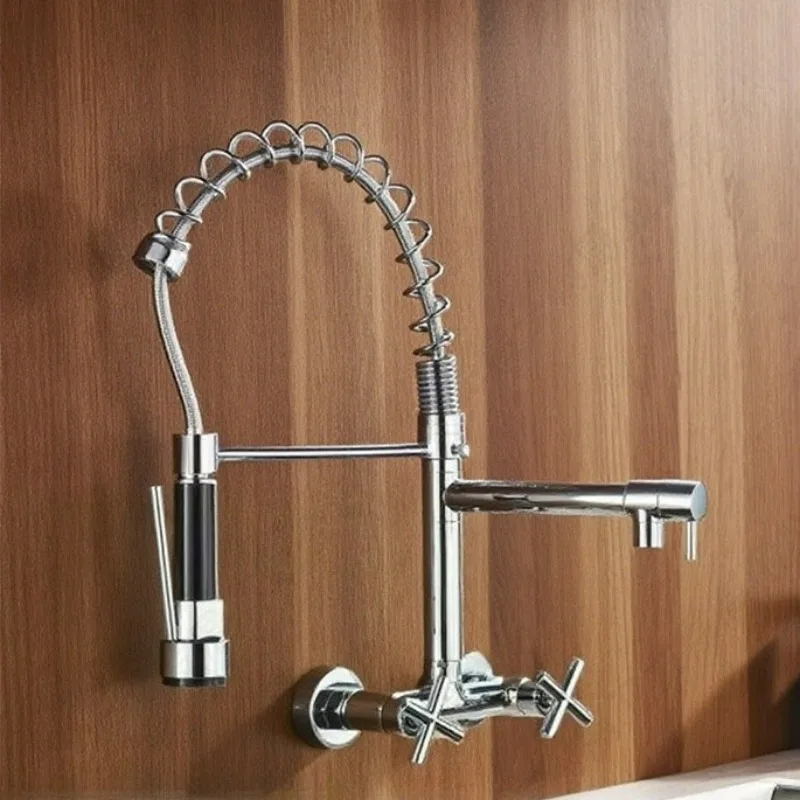 Matte Black Wall Mounted Kitchen Faucet Dual Handles Hot Cold Water Kitchen Mixer Tap Dual Swivel Spout Spring Pull Down Faucets