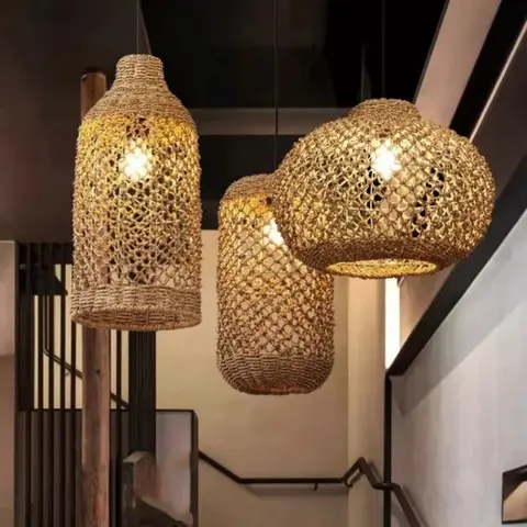 Retro Bamboo Woven Pendant Lamp Rattan Woven  Room Dining Japanese Bamboo Art Lantern Tea House Lighting Fixtures