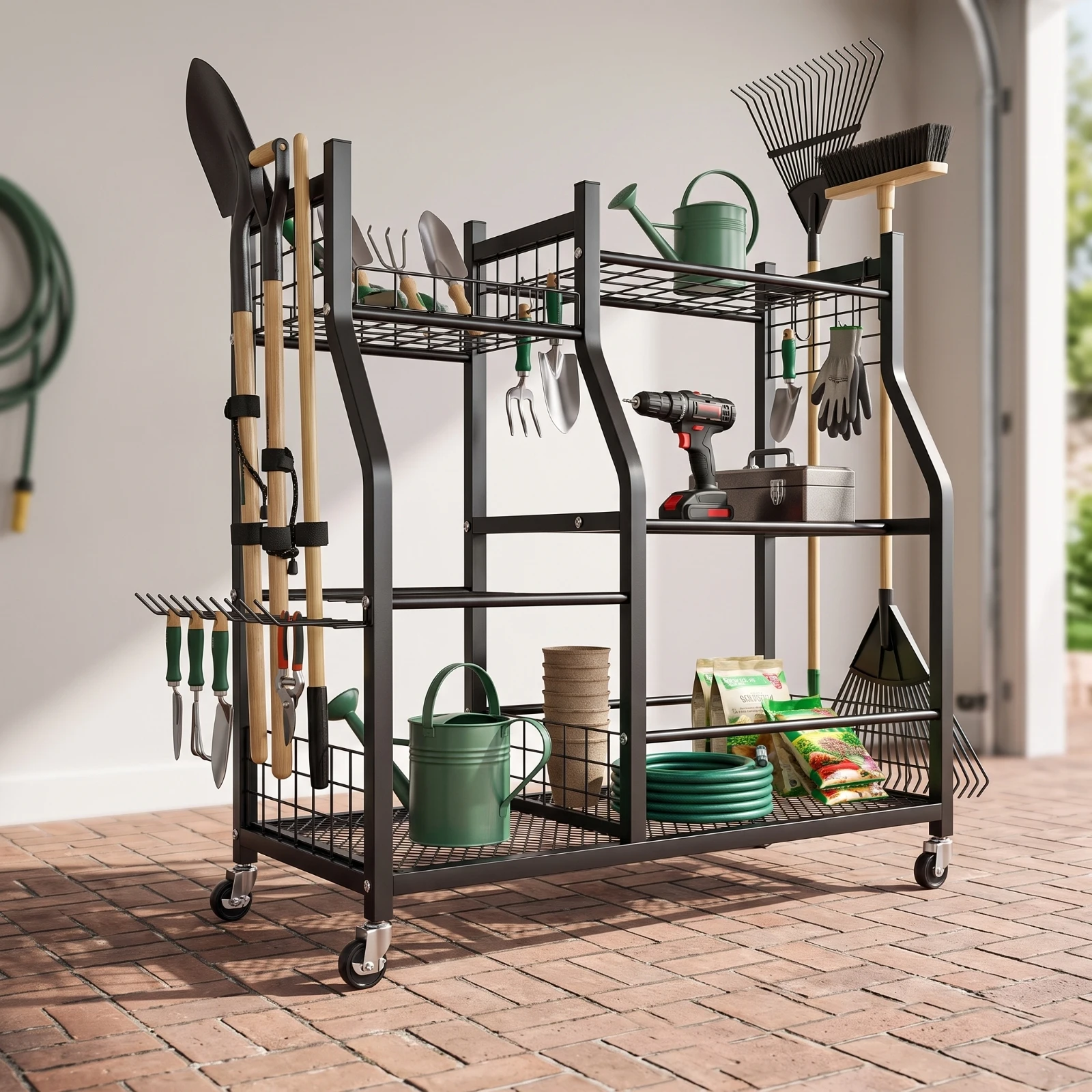 Garden Tool Rack Heavy-Duty Garden Tool Organizer Rolling Storage Cart Wheeled Mobile for Gardeners, Garage, Shed