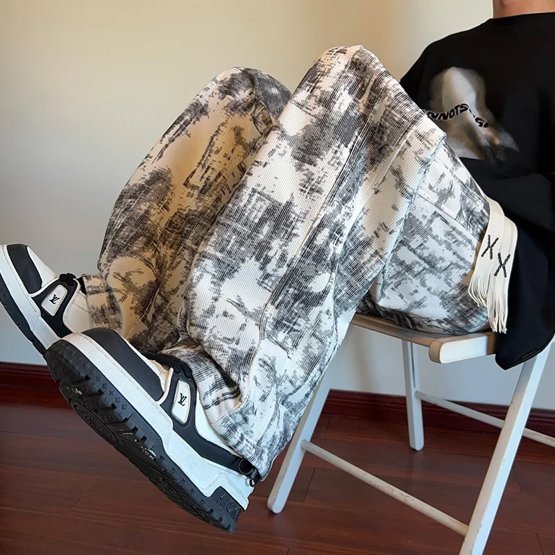 الرجال Fce اصطف Thiened فضفاضة تناسب السراويل الطويلة الخريف الشتاء السراويل الرياضية المطبوعة عارضة مستقيم الساق الجينز #2