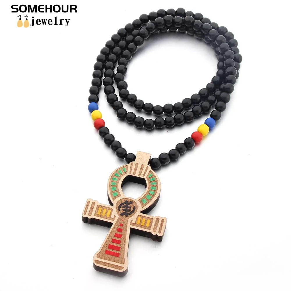 SOMEHOUR Fashion African Ethnic Wooden Necklace Engraved Ankh Symbol Pendant Wood Beads Chains Religious Women Hiphop Jewelry