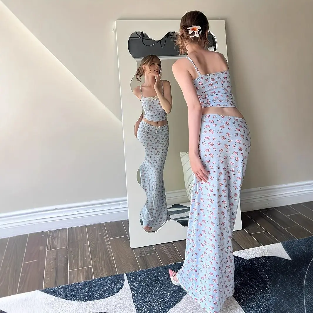 Summer Fresh Floral Suspender Top Long Skirt Fashionable and Sexy Suit Two-piece Women's Suit