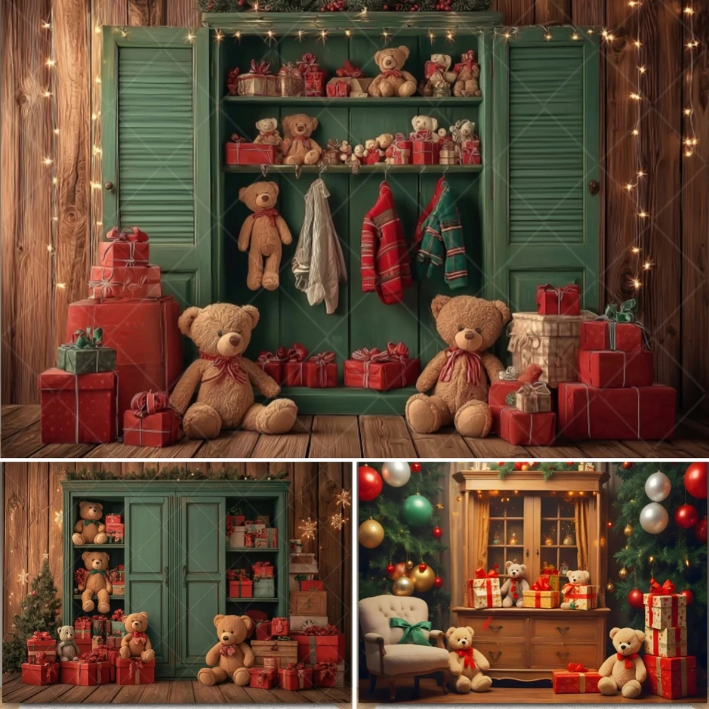 

Christmas Toy Bear Photography Backdrop Xmas Tree Bear Window Gift Balloon Kids Portrait Family Party Decor Photo Background