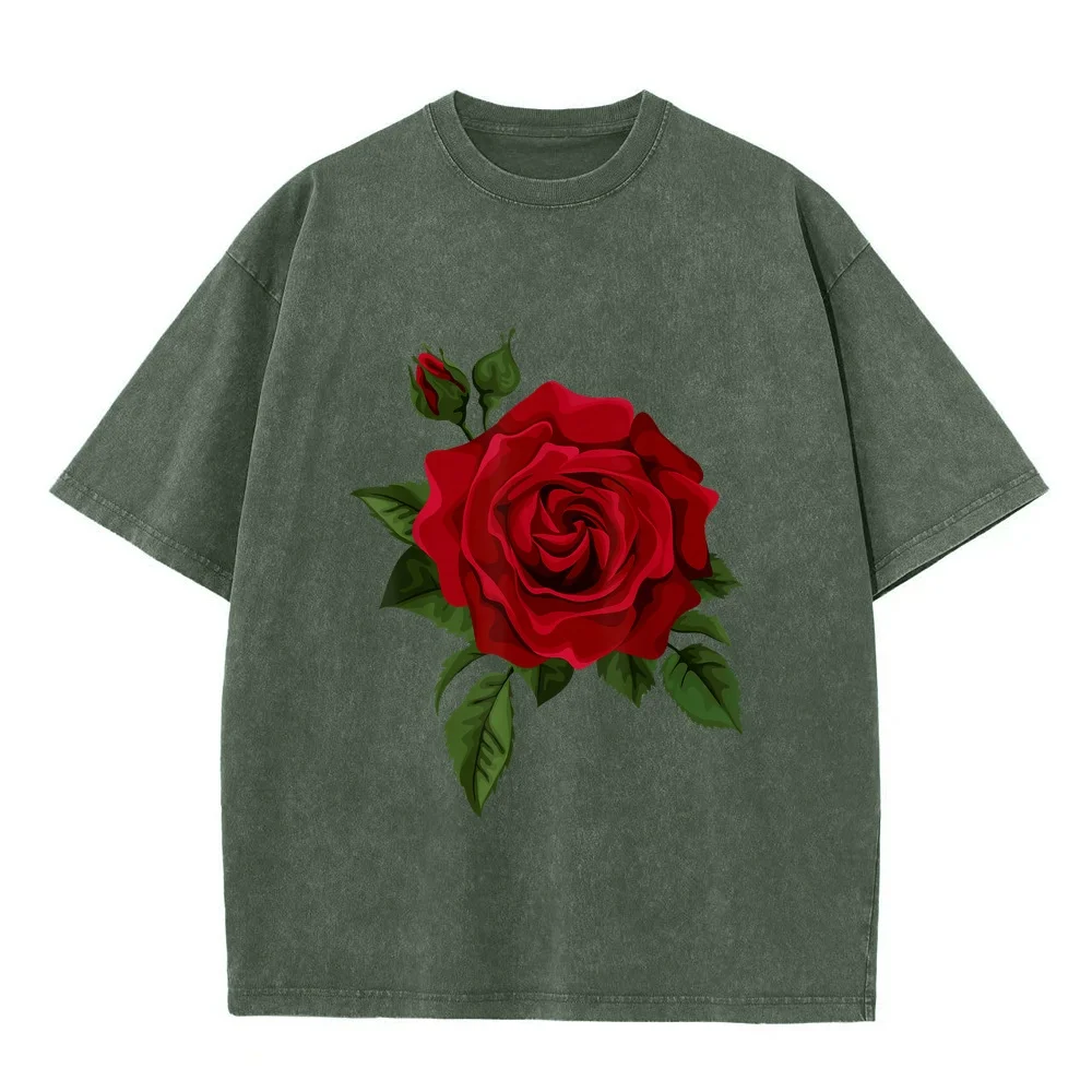 Single Red Roses Flower Of Cute Gardening T-Shirt Korean Reviews Men's Clothes Cotton T-Shirts For Men Summer Top Shirt Designer