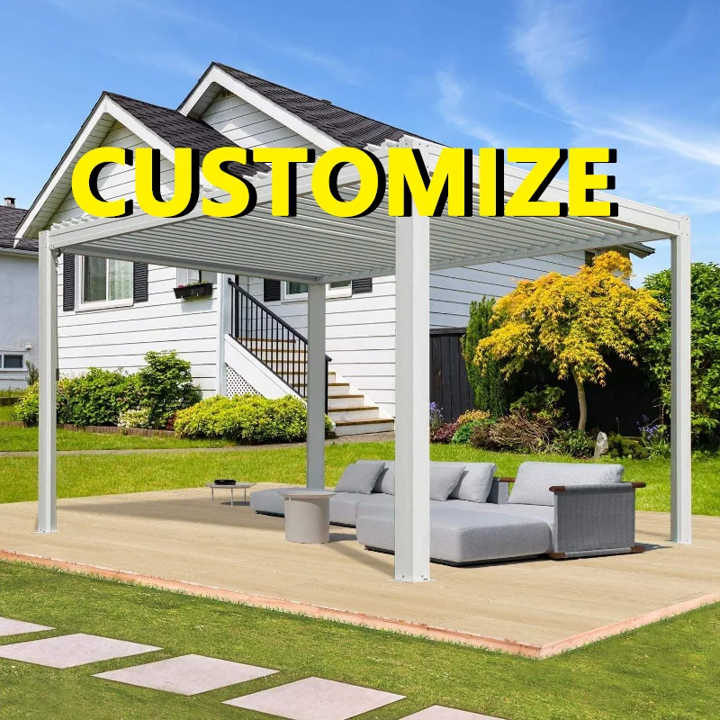 Any Size Custom Hidden Drain Motorized Aluminum Gazebo Anti Oxidation Profile Lakeside Yard Embedded Lamp Outdoor Sun Structure