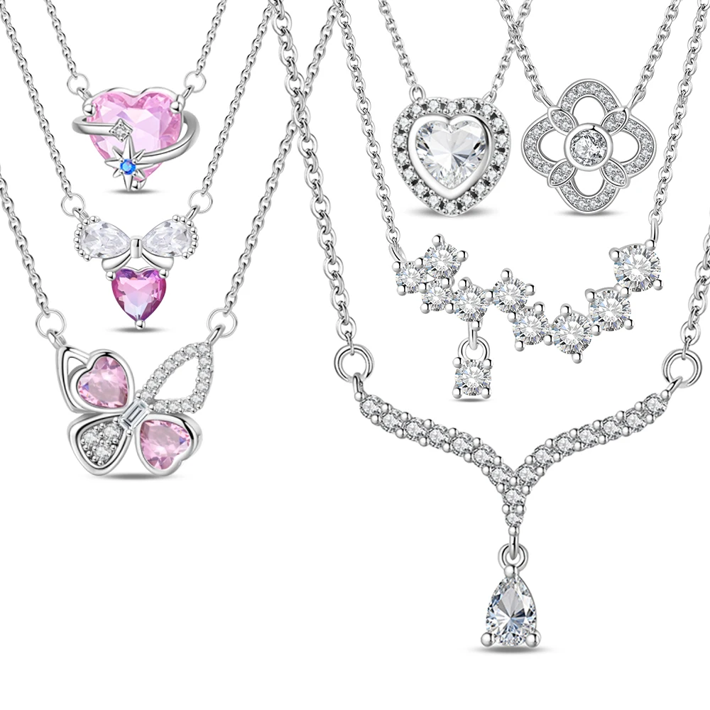 Beautiful 925 Silver Sparkling Galaxy Heart Ruyi Butterfly Drop Charm Necklace Elegant Party Accessory Gifts
