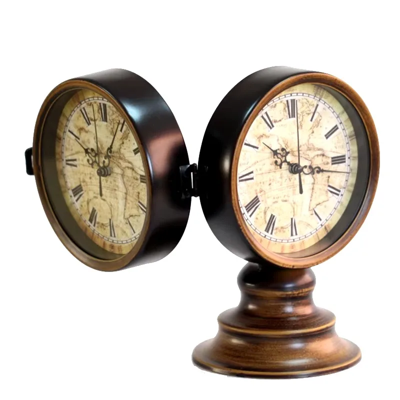 Vintage 6 Inch Metal  Silent Dual-Sided  Round Desk Table Clock Classic Desktop Clock Foe Living Room Home Decoration