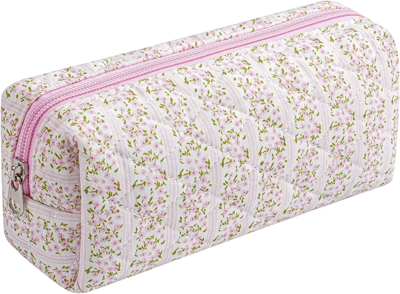 

Cute Floral Cotton Makeup Bag for Women, Travel Quilted Zipper Cosmetic Pouch, Flowers Toiletry Organizer Case, Kawaii Pink Floral
