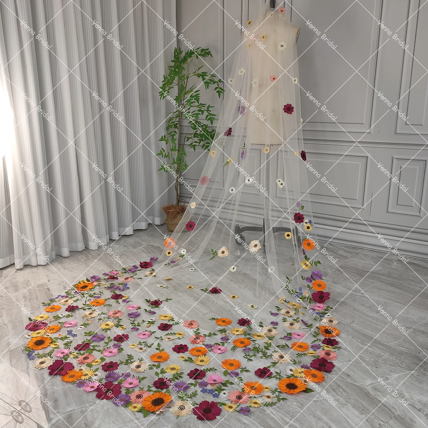 Customized Cathedral Length 3D Embroidery Colorful Floral Wedding Veils 2.5 Meters Fairy Garden Drag Bride-To-Be Veil