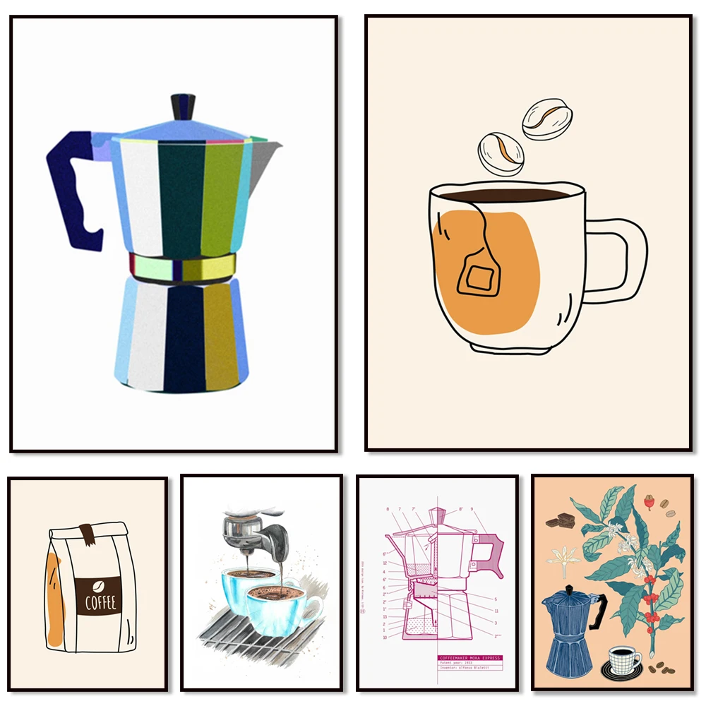 Coffee machine, espresso, coffee time, coffee shop, mocha espresso. Patent Kitchen Illustration, Barista Canvas Print Poster