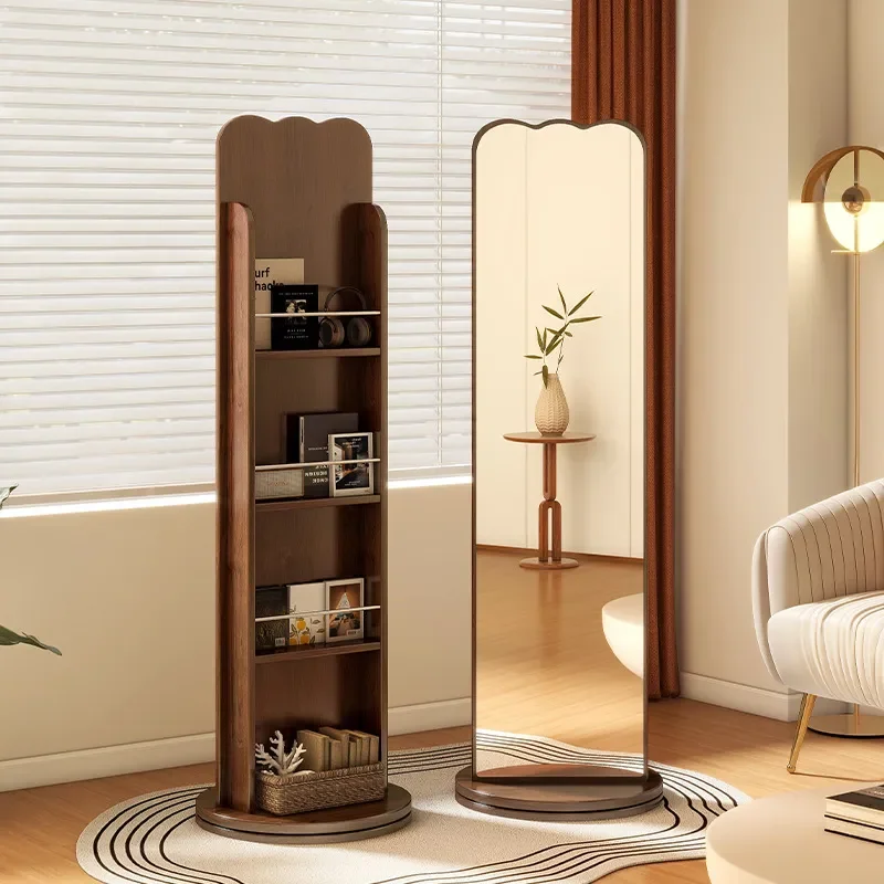 for Movable Full Length Mirror with Magazine Bookshelf Integrated Rotatable Floor Standing Mirror for Bedroom Household Use