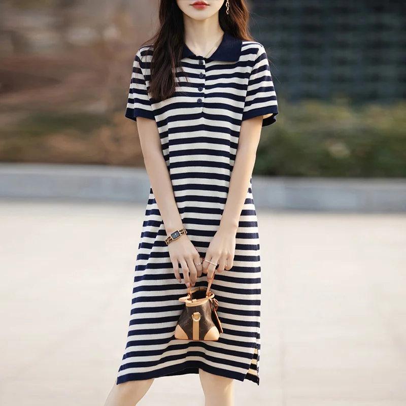 100% cotton knitted short-sleeved women's long spring and summer polo neck high-end new striped one-piece skirt.