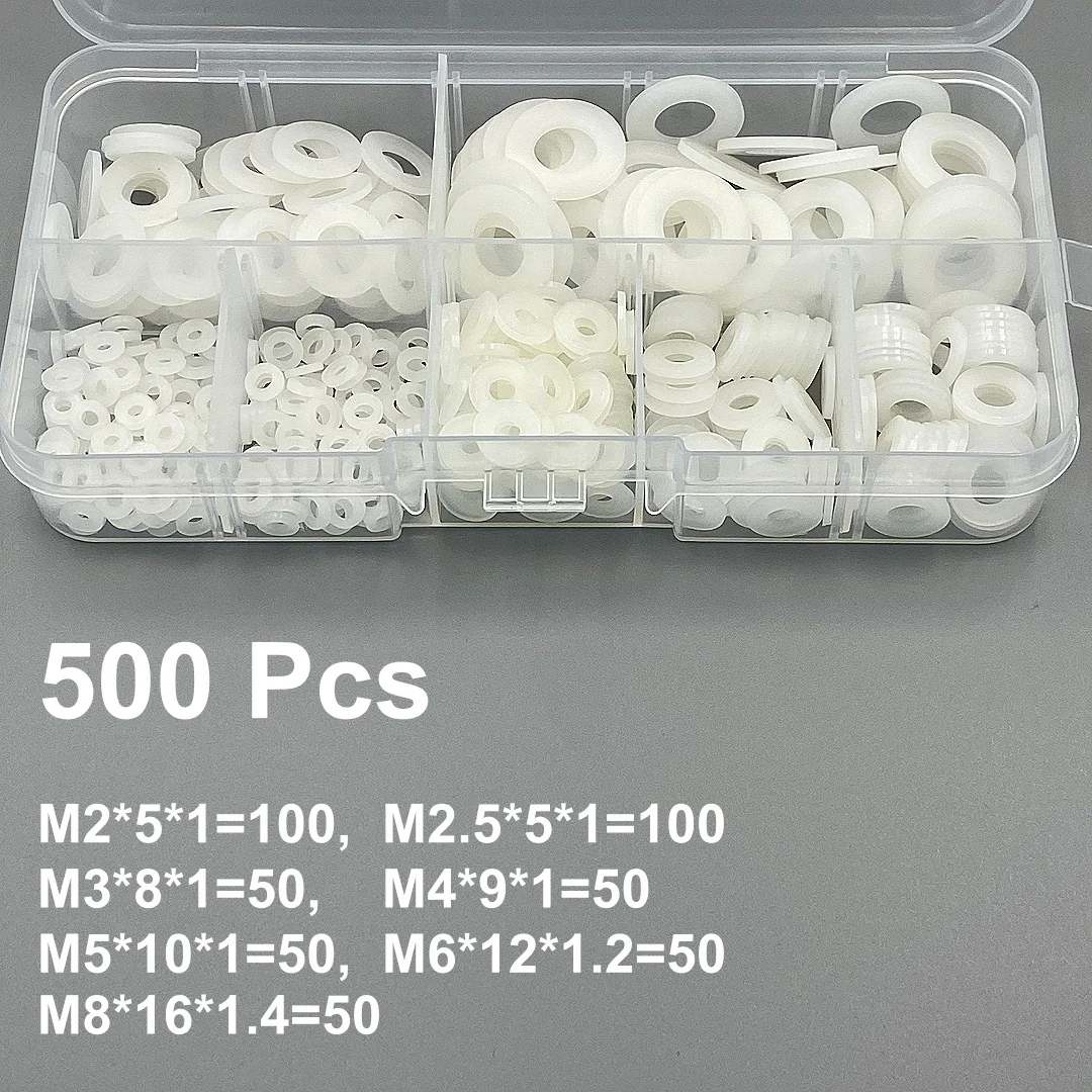 500 PCS/Box White Nylon Washers Flat Gasket M2 M2.5 M3 M4 M5 M6 M8 PA66 Insulation Spacers Screw Bolt Fasten Kit