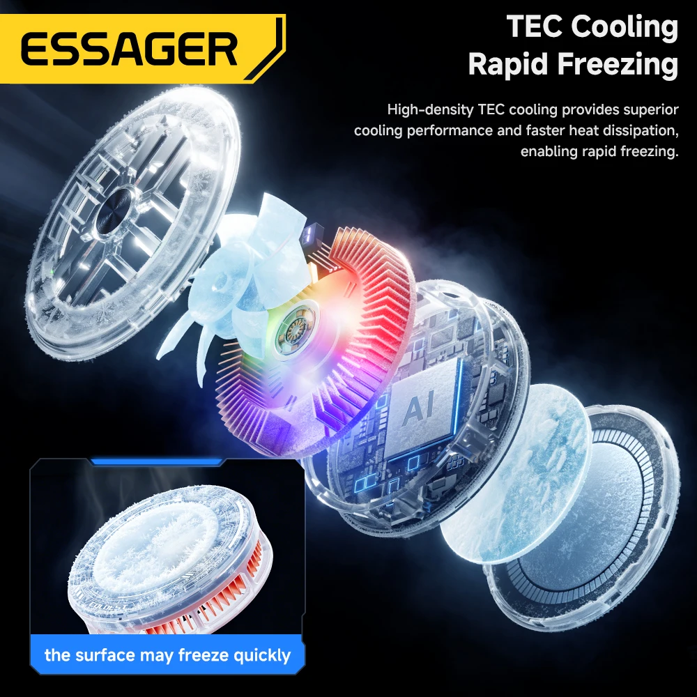 Essager Magnetic  Back Clip 2 in1 Phone Cooler Back Clip Smart Digital Screen Display RGB Light Mute Cooling Fan for iPhone live view 5