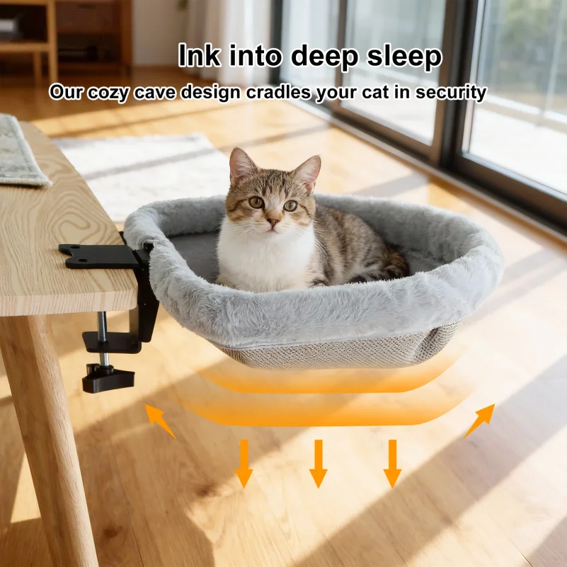 Under Desk Hammock - 猫用デスクベッド ワンクリック折りたたみ式 深型デザイン 省スペース 半円形 猫用ハンモック