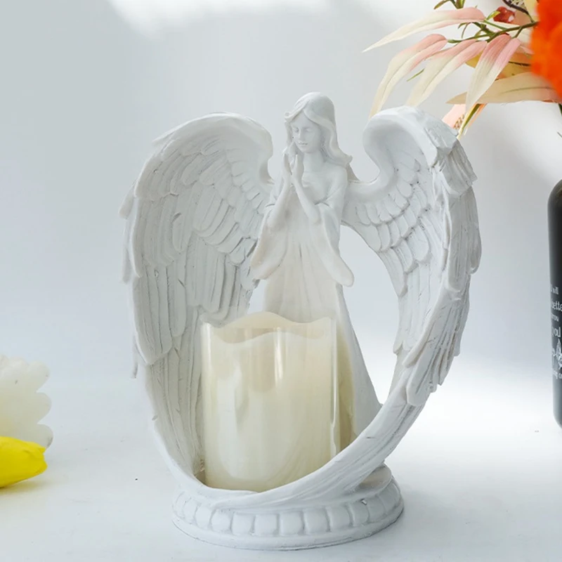 Statue en grès blanc étoilé avec aile d'ange priant, bougeoir LED commémoratif, 1 ensemble