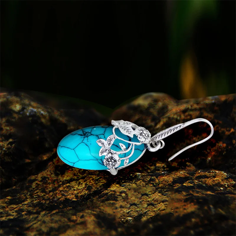 Vintage Eye Shape Synthetic Turquoises Flower Earrings For Women Antique Silver Plated Leaf Plant Fashion Earring