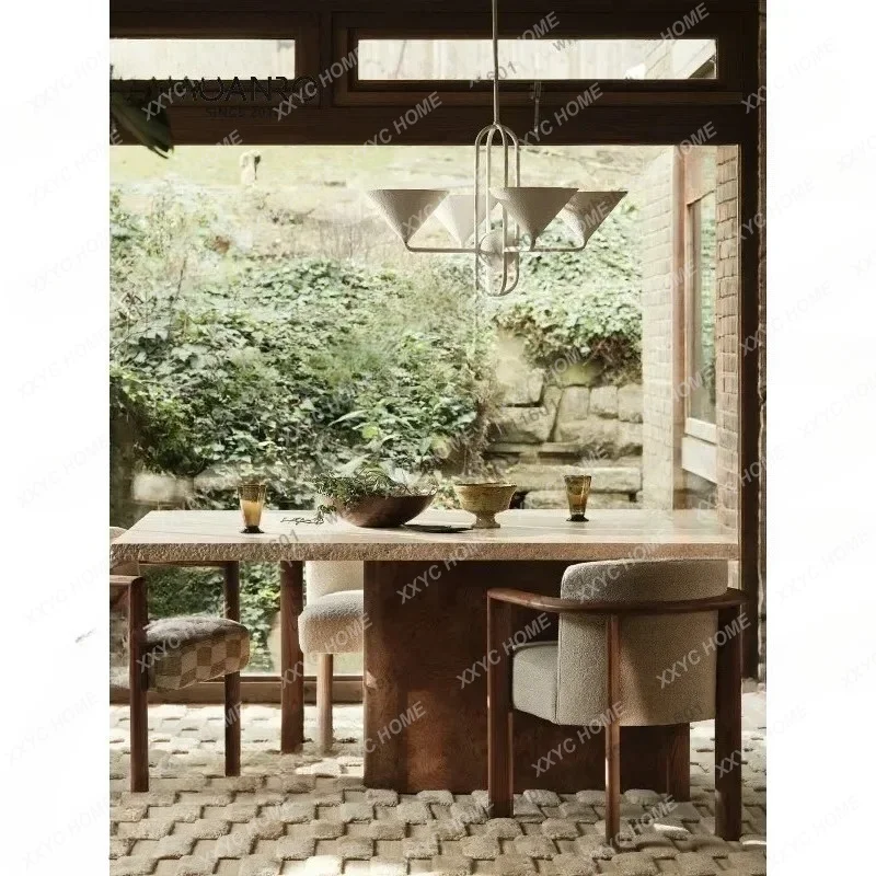 Travertine medieval dining table household rectangular light luxury modern natural marble
