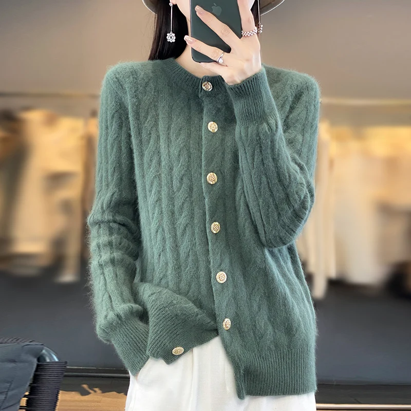 RONGYI 100% Mink Cashmere Knitted cardigan Solid Sweater 2023 Autumn Winter New Woman Clothing O Collar Thickened Overcoat Top