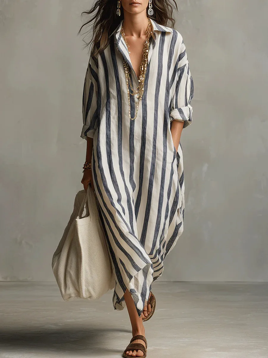Damen Langes Gestreiftes Hemdkleid V-Ausschnitt Locker Lässig Sommer Urlaub Mode Europäischer und Amerikanischer Grenzüberschreitender Stil