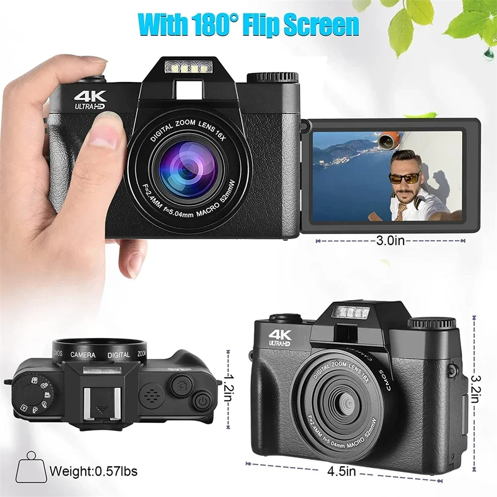 4K Digital Camera for Photography 48MP Video Vlogging Camera WIFI Webcam Wide Angle Digital Zoom 180° Flip Screen