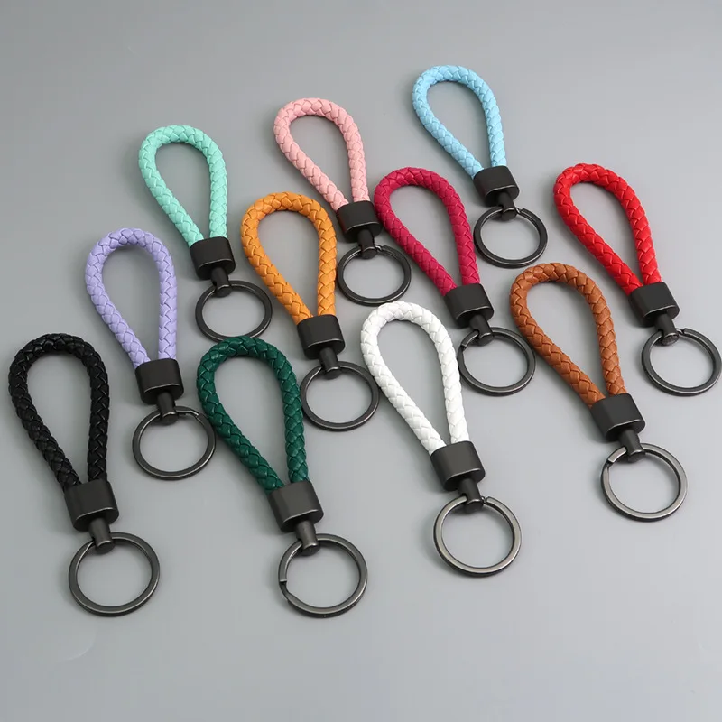 Universal Leather Car Fob Keychain Metal Keyring Woven Strap Braided Rope Key Chain for Women